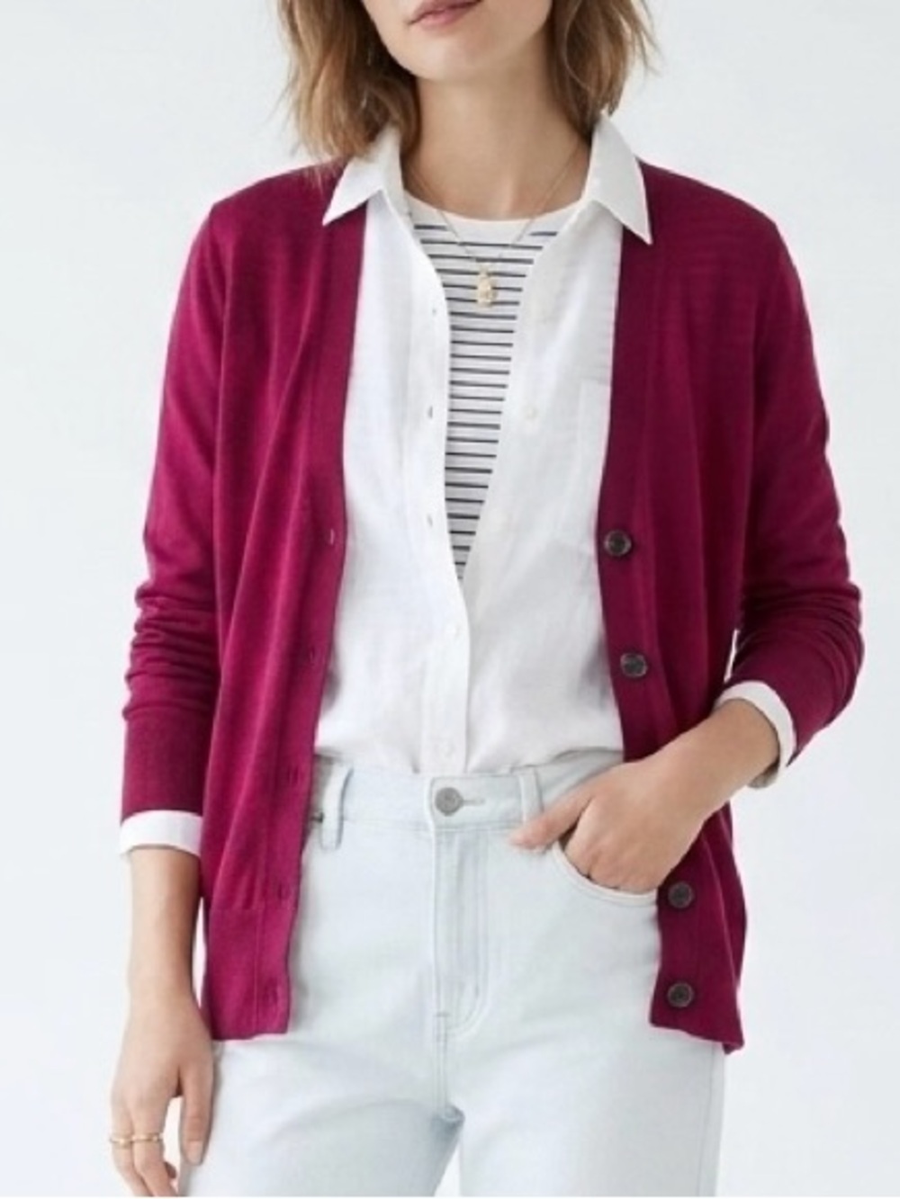 LOFT Luxe Merino Wool Blend V-Neck Cardigan in Radiant Magenta SP